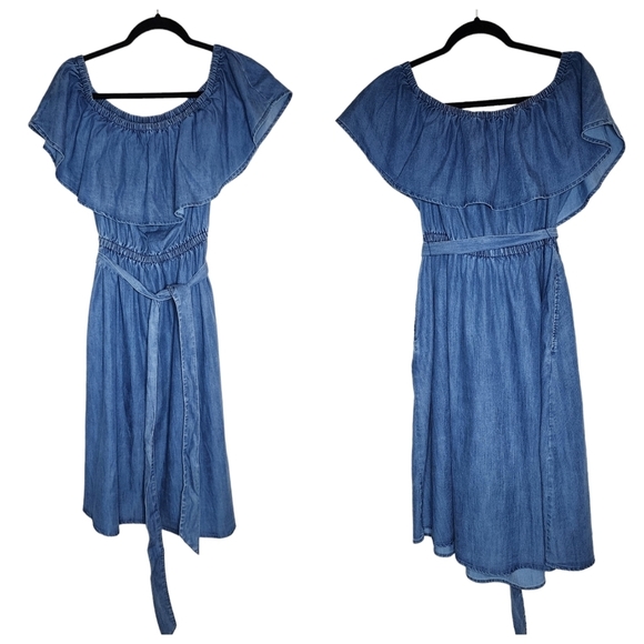 Lane Bryant On/Off Shoulder Blue Chambray Belted Dress Side Pockets Sz 14/16 1X - Picture 5 of 14